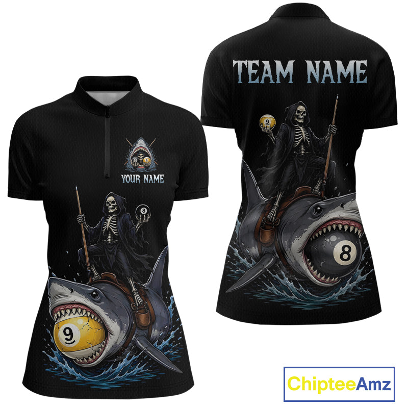 Black polo shirt with skeleton design and pool ball elements on a shark, customizable text on front and back.