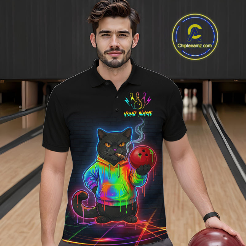 Custom Neon Black Cat Bowling Jersey for Men Funny Bowling League Bowling Team Shirts HN291