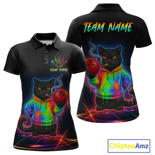 Custom Neon Black Cat Bowling Jersey for Women Funny Bowling League Bowling Team Shirts HN291