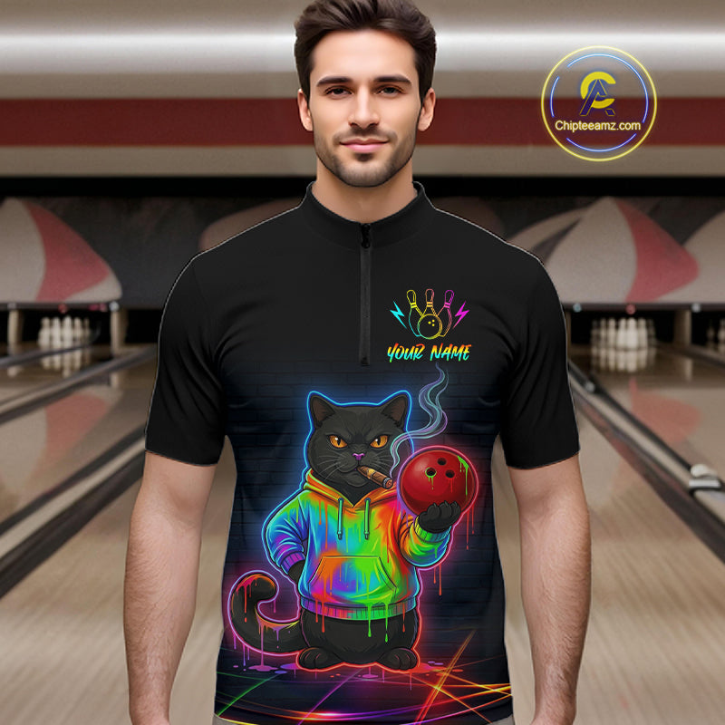 Custom Neon Black Cat Bowling Jersey for Men Funny Bowling League Bowling Team Shirts HN291