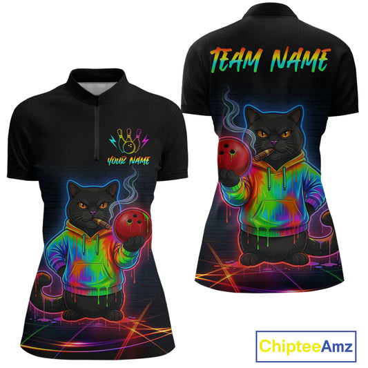 Custom Neon Black Cat Bowling Jersey for Women Funny Bowling League Bowling Team Shirts HN291
