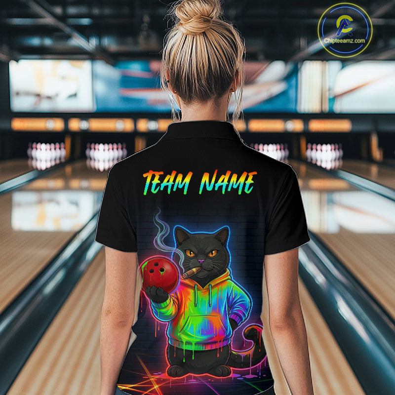 Custom Neon Black Cat Bowling Jersey for Women Funny Bowling League Bowling Team Shirts HN291