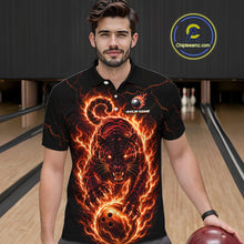 Load image into Gallery viewer, Man wearing a black polo shirt with a fiery panther design in a bowling alley.