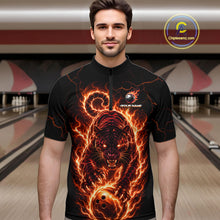 Load image into Gallery viewer, Man wearing a black t-shirt with a fiery panther design in a bowling alley.