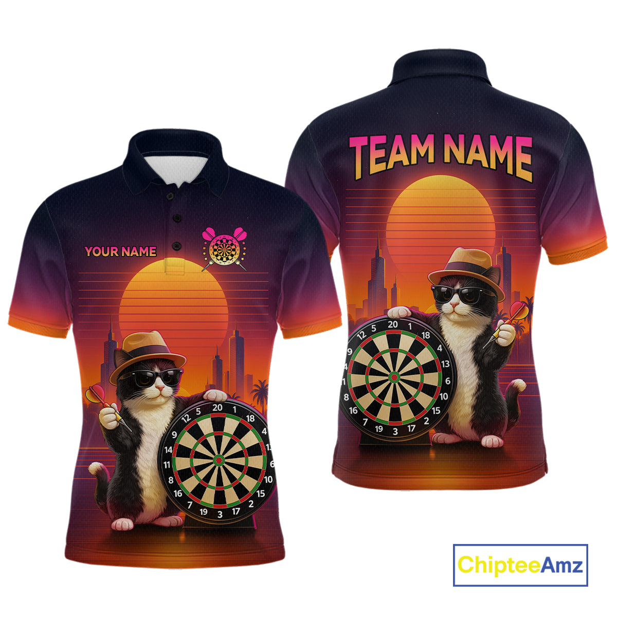 Funny Cat Retro Dart Shirts For Men Custom Dart Board Shirts Polo & 1/4 Zip Dart Jersey Team NNT124