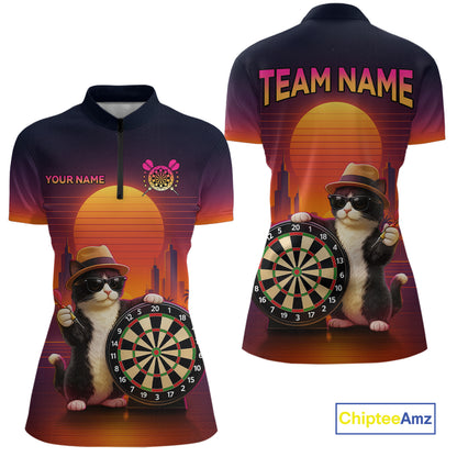 Funny Cat Retro Dart Shirts For Women Custom Dart Board Shirts Polo & 1/4 Zip Dart Jersey Team NNT124