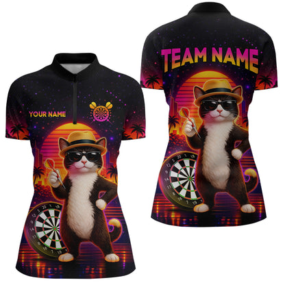Custom Funny Cat Dart Shirts For Women Retro Dart Board Shirts Polo & 1/4 Zip Dart Jersey Team NNT123