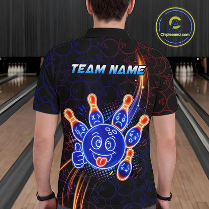 Man wearing a polo with neon blue and orange cartoon bowling ball and pin graphics, plus custom team name text.