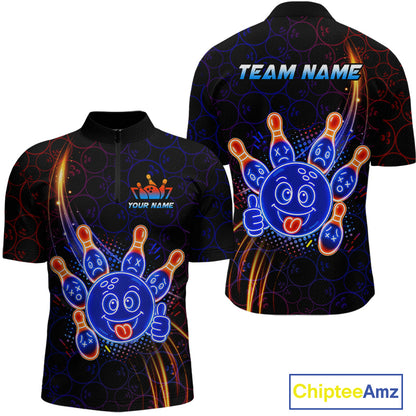 Front and back views of a black bowling quarter zip shirt with neon blue and orange cartoon bowling ball and pin graphics, plus custom “TEAM NAME” and “YOUR NAME” text.