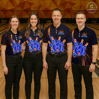 Four-person bowling team with neon blue and orange cartoon bowling ball and pin graphics, plus custom team name and player name text.