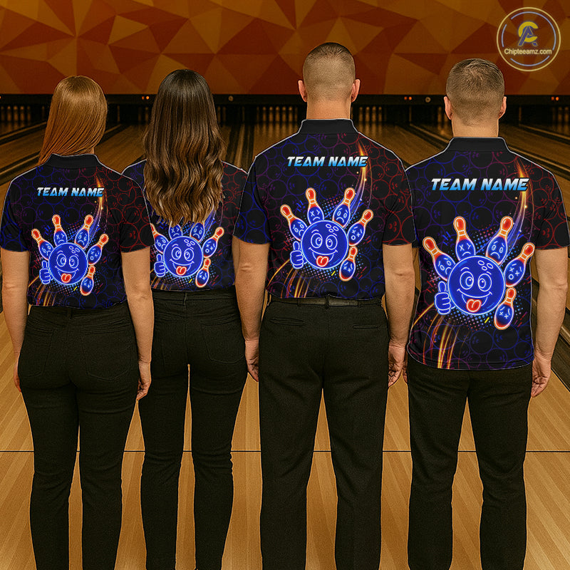 Four people wearing matching bowling-themed shirts with 'Team Name' text on a bowling alley background.