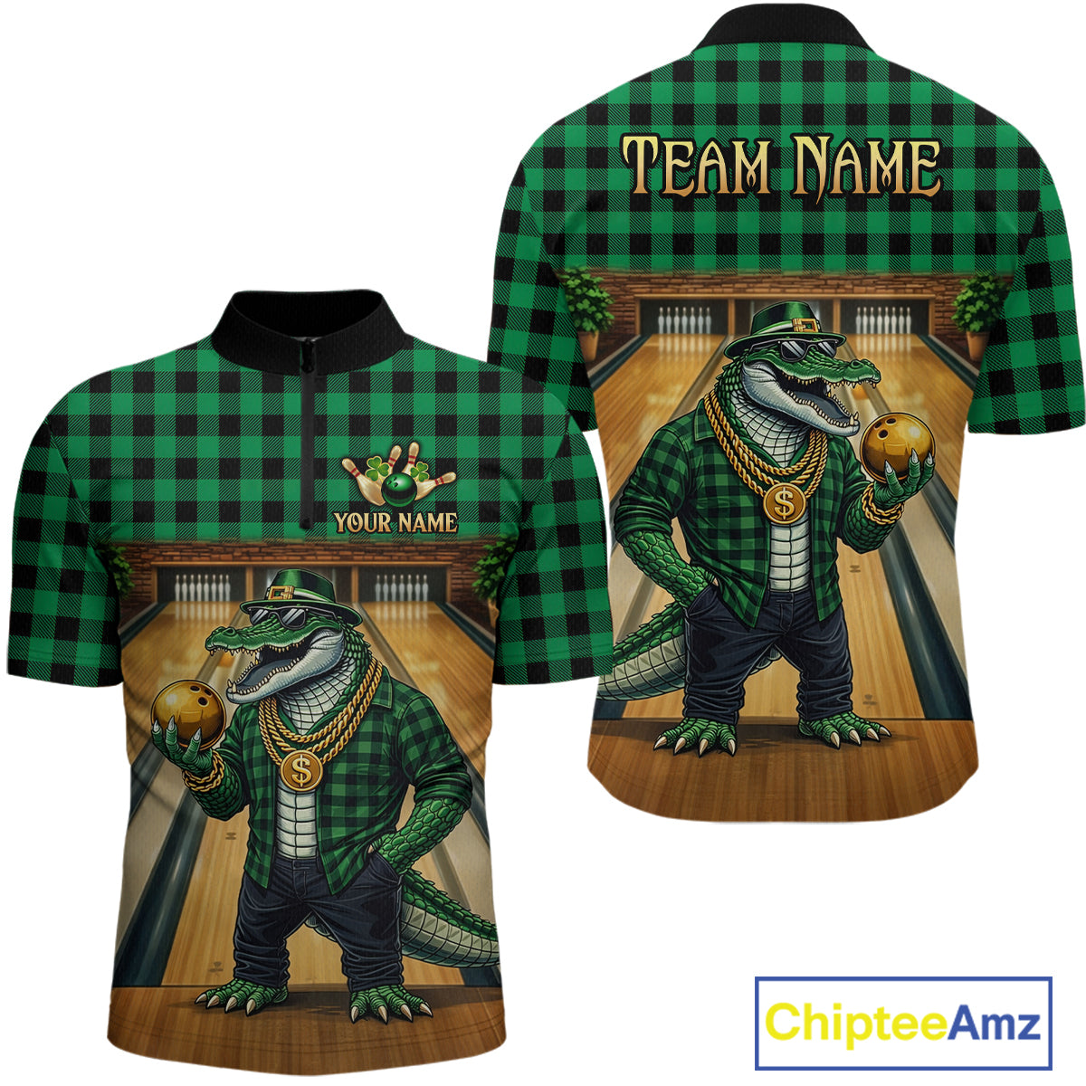 Custom Green Alligator Bowling Jersey for Men Bowling Uniform Polo & 1/4 Zip Bowling Team Shirts HNT230