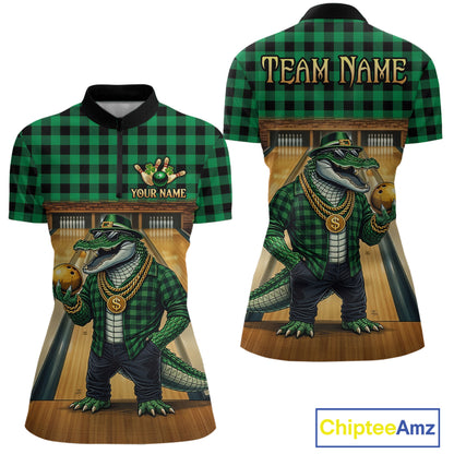 Custom Green Alligator Bowling Jersey for Women Bowling Uniform Polo & 1/4 Zip Bowling Team Shirts HNT230
