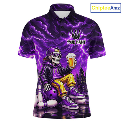 Custom Funny Beer Skull Purple Bowling Shirt for Men Bowling Team Jersey Bowling League HNT296