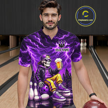 Load image into Gallery viewer, Custom Funny Beer Skull Purple Bowling Shirt for Men Bowling Team Jersey Bowling League HNT296