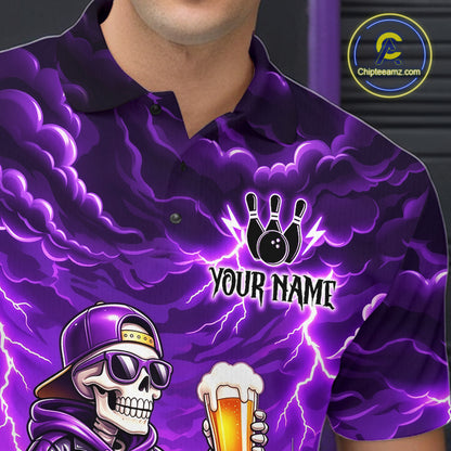 Custom Funny Beer Skull Purple Bowling Shirt for Men Bowling Team Jersey Bowling League HNT296