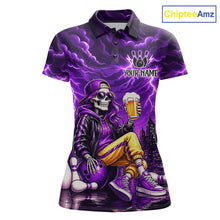 Load image into Gallery viewer, Custom Funny Beer Skull Purple Bowling Shirt for Women Bowling Team Jersey Bowling League HNT296