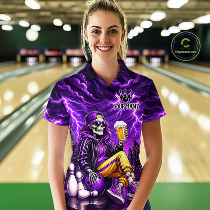 Custom Funny Beer Skull Purple Bowling Shirt for Women Bowling Team Jersey Bowling League HNT296
