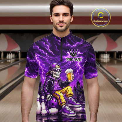 Custom Funny Beer Skull Purple Bowling Shirt for Men Bowling Team Jersey Bowling League HNT296