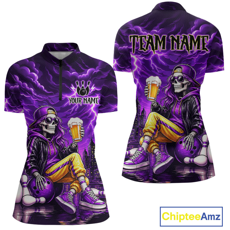 Custom Funny Beer Skull Purple Bowling Shirt for Women Bowling Team Jersey Bowling League HNT296