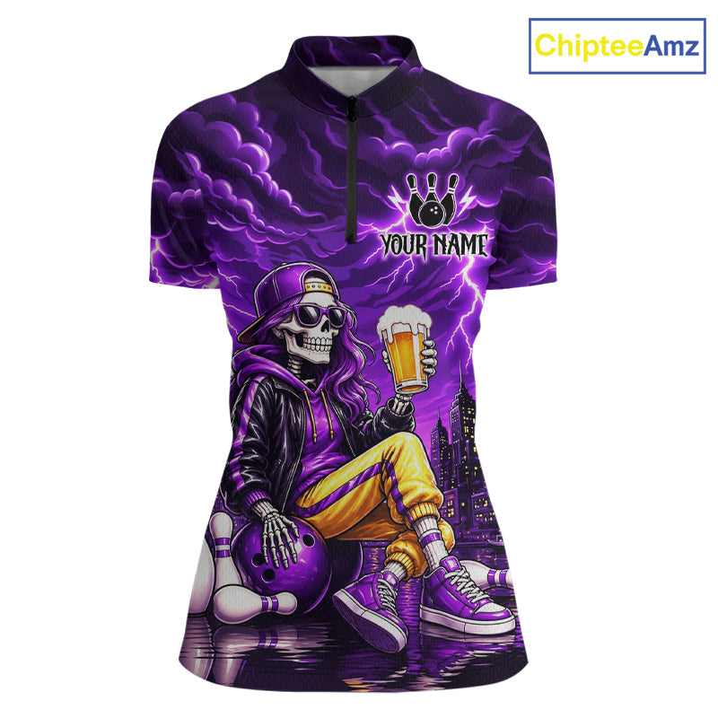 Custom Funny Beer Skull Purple Bowling Shirt for Women Bowling Team Jersey Bowling League HNT296