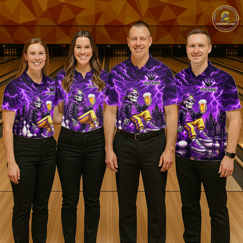 Custom Funny Beer Skull Purple Bowling Shirt for Men Bowling Team Jersey Bowling League HNT296