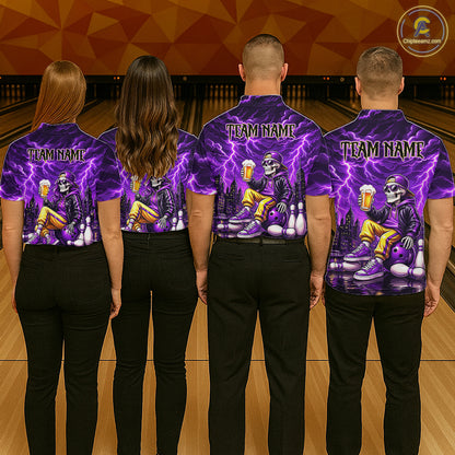 Custom Funny Beer Skull Purple Bowling Shirt for Men Bowling Team Jersey Bowling League HNT296