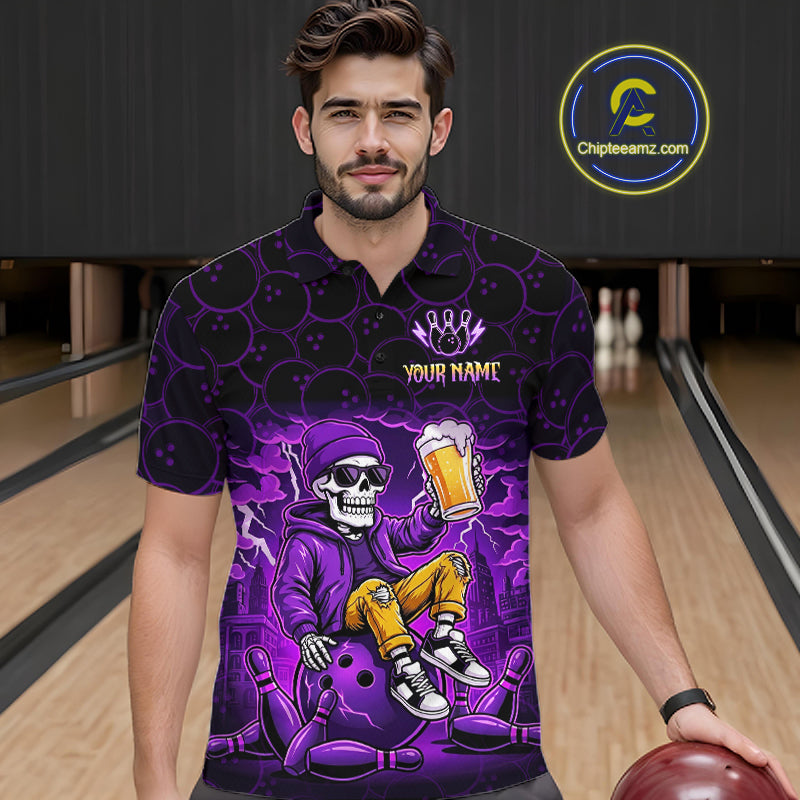 Custom Purple Funny Beer Skull Bowling Shirt for Men Bowling Team Jersey Bowling League HNT297