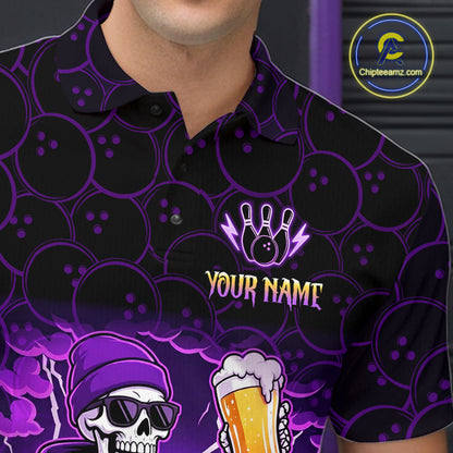 Custom Purple Funny Beer Skull Bowling Shirt for Men Bowling Team Jersey Bowling League HNT297