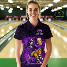 Load image into Gallery viewer, Custom Purple Funny Beer Skull Bowling Shirt for Women Bowling Team Jersey Bowling League HNT297