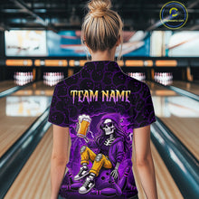 Load image into Gallery viewer, Custom Purple Funny Beer Skull Bowling Shirt for Women Bowling Team Jersey Bowling League HNT297