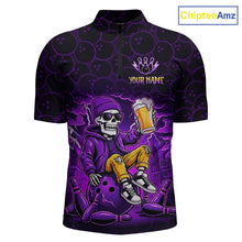 Load image into Gallery viewer, Custom Purple Funny Beer Skull Bowling Shirt for Men Bowling Team Jersey Bowling League HNT297