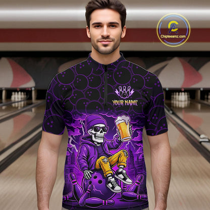 Custom Purple Funny Beer Skull Bowling Shirt for Men Bowling Team Jersey Bowling League HNT297