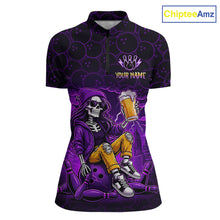 Load image into Gallery viewer, Custom Purple Funny Beer Skull Bowling Shirt for Women Bowling Team Jersey Bowling League HNT297