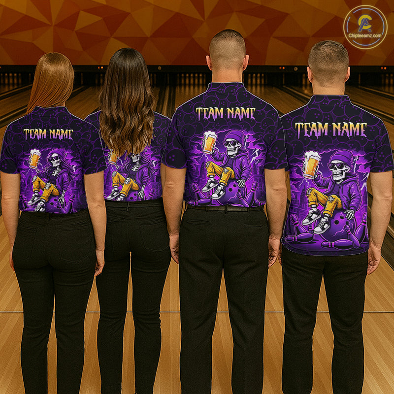 Custom Purple Funny Beer Skull Bowling Shirt for Men Bowling Team Jersey Bowling League HNT297