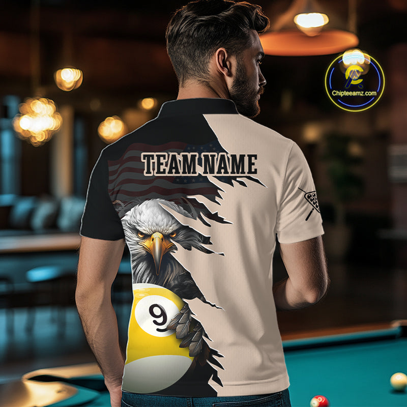 Man wearing a polo shirt with an eagle design and 'Team Name' text in a bar setting.