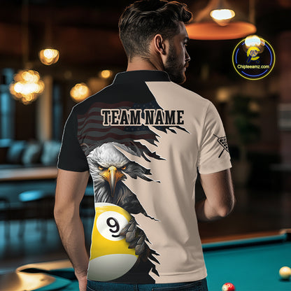 Man wearing a polo shirt with an eagle design and 'Team Name' text in a bar setting.