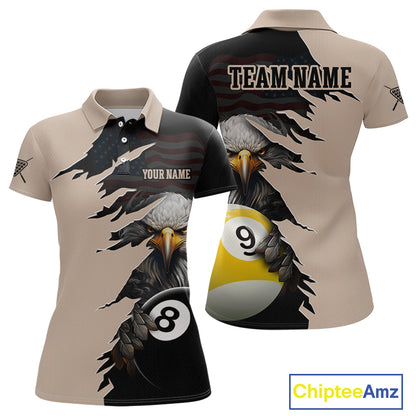 Front and back views of a beige and black billiards polo shirt featuring a fierce bald eagle emerging through a torn-rip graphic, with custom “TEAM NAME” and “YOUR NAME” text areas and 8-ball and 9-ball designs.