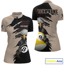 Load image into Gallery viewer, Front and back views of a beige and black billiards polo shirt featuring a fierce bald eagle emerging through a torn-rip graphic, with custom “TEAM NAME” and “YOUR NAME” text areas and 8-ball and 9-ball designs.