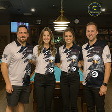 Load image into Gallery viewer, Four people wearing matching polo shirts with a pool table and sports ball logo in the background.