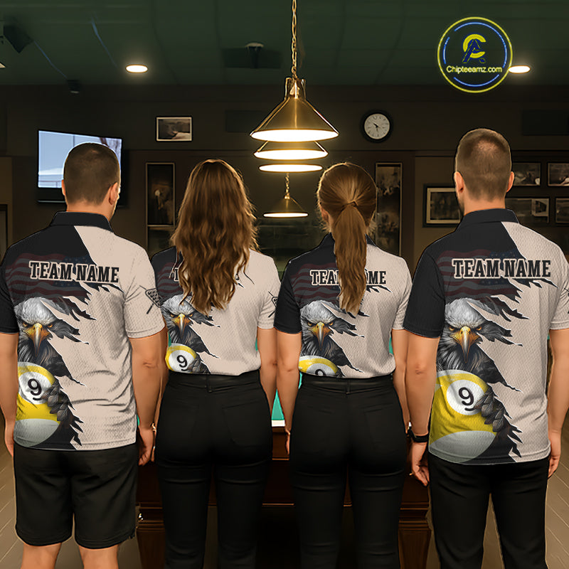 Four people wearing matching billiard shirts with team name and design in a billiard alley.