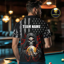 Load image into Gallery viewer, Man wearing a black shirt with a graphic design of a skull holding a pool ball, with 'Team Name' text on the back, in an indoor setting.