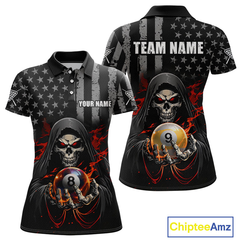 Front and back views of a black billiards polo with a distressed American flag pattern, grim reaper artwork, and large 8-ball and 9-ball graphics.