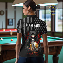 Load image into Gallery viewer, Woman wearing a billiard shirt with a american flag skull design and 'Team Name' text in a pool hall.