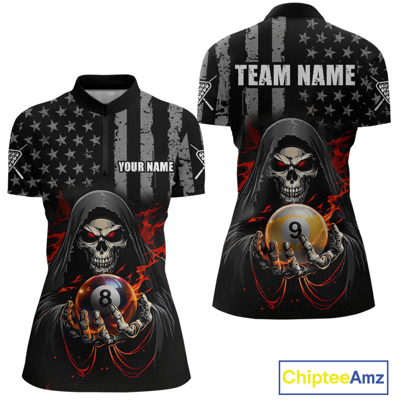 Front and back views of a black billiards quarter zip with a distressed American flag pattern, grim reaper artwork, and large 8-ball and 9-ball graphics.