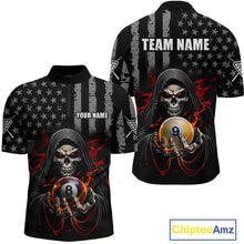 Load image into Gallery viewer, Front and back views of a black billiards quarter zip with a distressed American flag pattern, grim reaper artwork, and large 8-ball and 9-ball graphics.