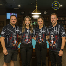 Load image into Gallery viewer, Four people wearing american flag skull 8 ball billiard shirts with a logo in a billiard league