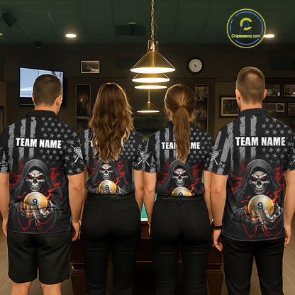 Four people wearing matching shirts with a skull and number 9 design in a bar setting.