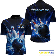 Load image into Gallery viewer, Front and back views of a black and blue bowling quarter zip shirt featuring lightning effects, a large blue bowling ball striking pins, and custom team and player name text.