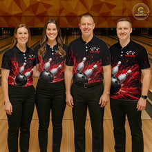 Load image into Gallery viewer, Four people wearing a black bowling polo shirt with dramatic red splatter graphics, a large black bowling ball, and flying pins, plus custom player name text.